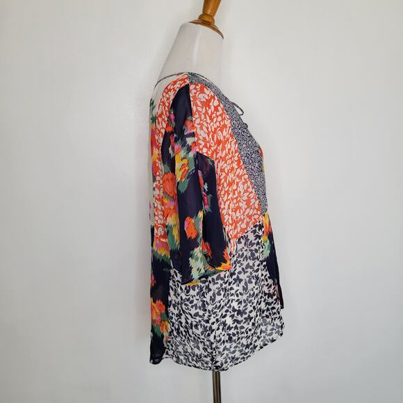 Joie Silk Patchwork Blouse Floral Boho Semi-Sheer Orange White Women Medium - Picture 2 of 11
